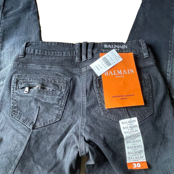 NWT Balmain Jeans Womens Size 26x31 Black Distressed Denim Moto Italy $2250 - Picture 2 of 13